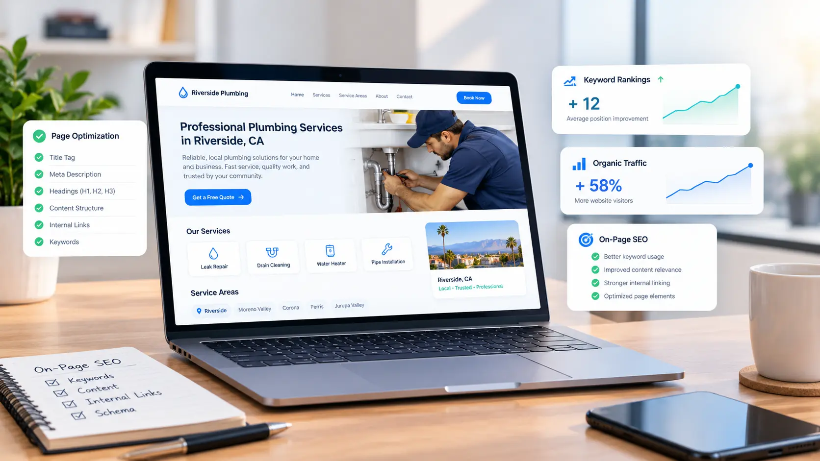 Local plumbing company website with on-page SEO optimization showing 58% organic traffic growth