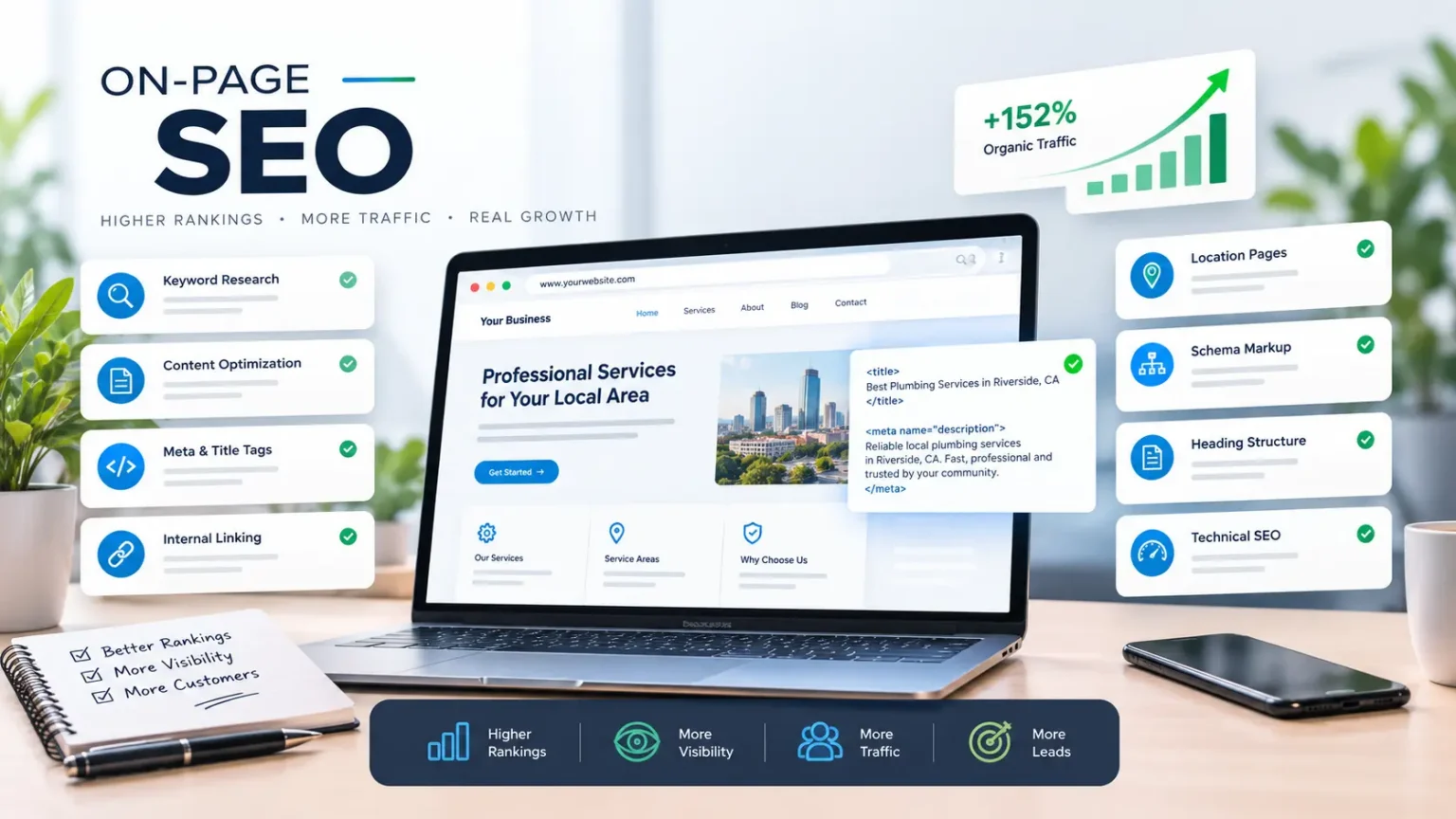local On page SEO checklist showing keyword research, meta tags, and internal linking with 152% organic traffic increase