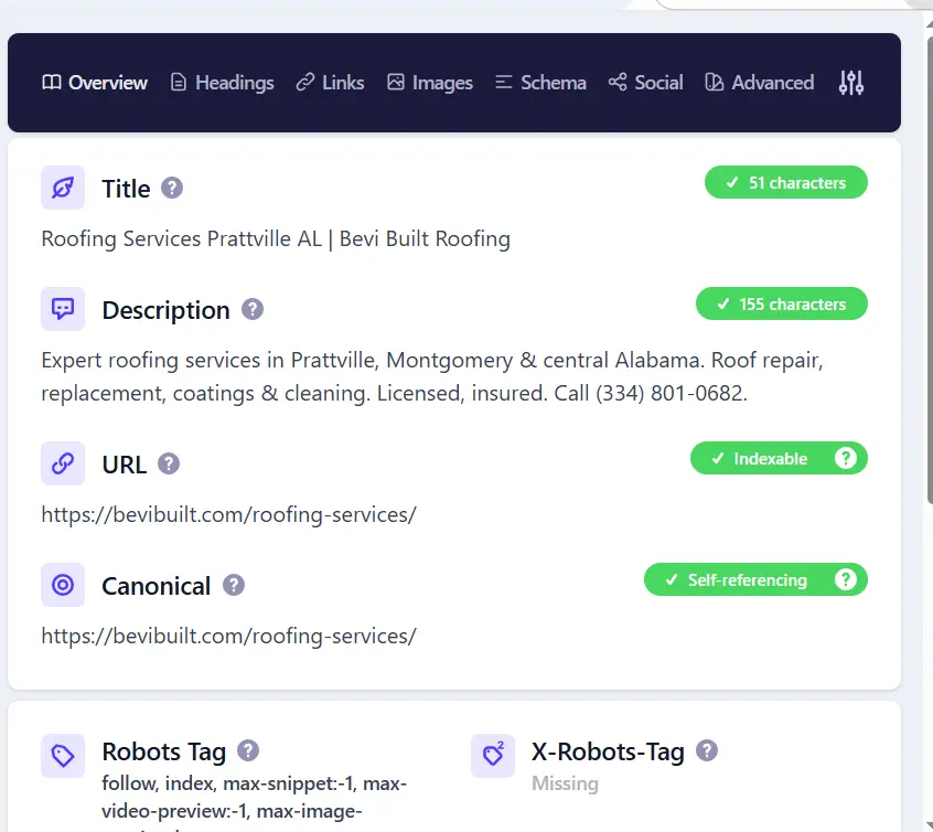 White label local SEO on-page optimization showing a locally targeted roofing service page